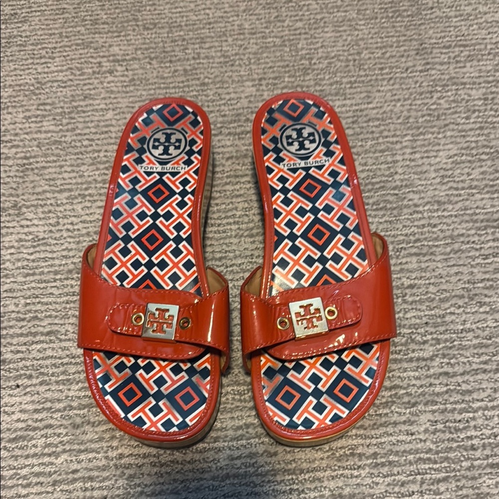 Tory Burch Red and Navy Slide Sandals